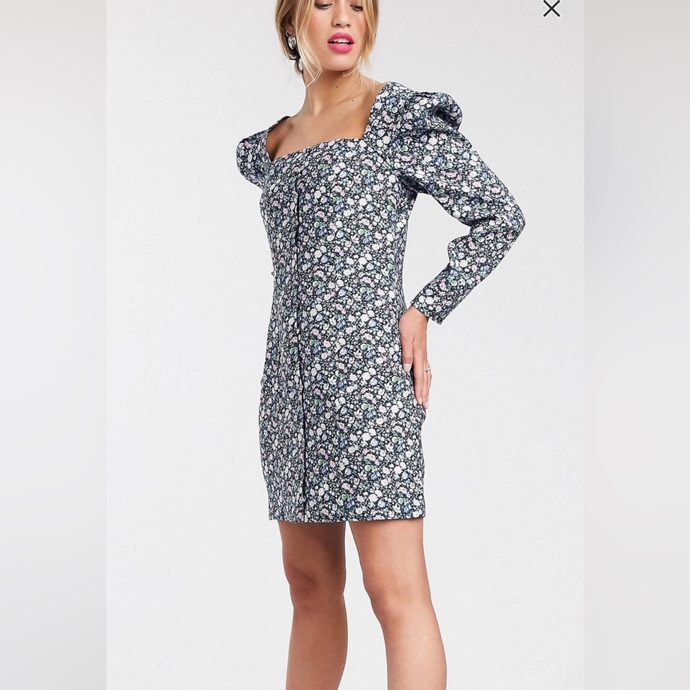 Paris Atelier & Other Stories Bold Floral Button Down Puff Sleeve Mini Dress